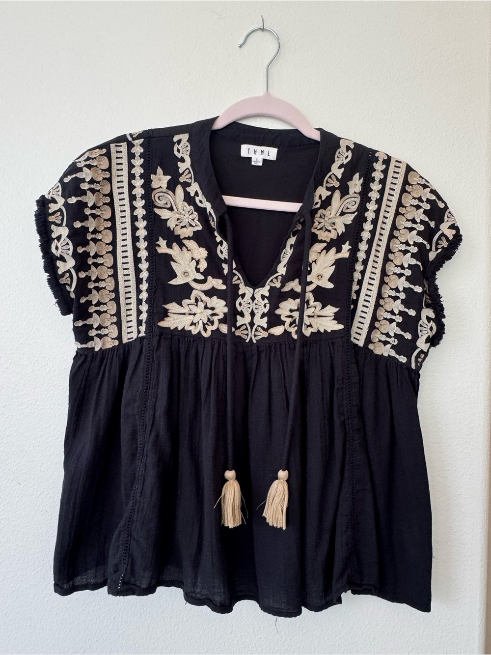 THML Black Embroidered Boho Tassel Top Size Small